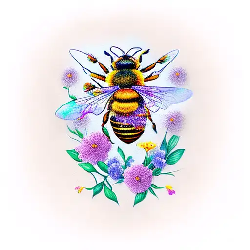 Neotraditional Bee With Honeycomb And Flowers