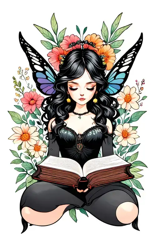 Black Fairy Reading Books Surrounded By Florals