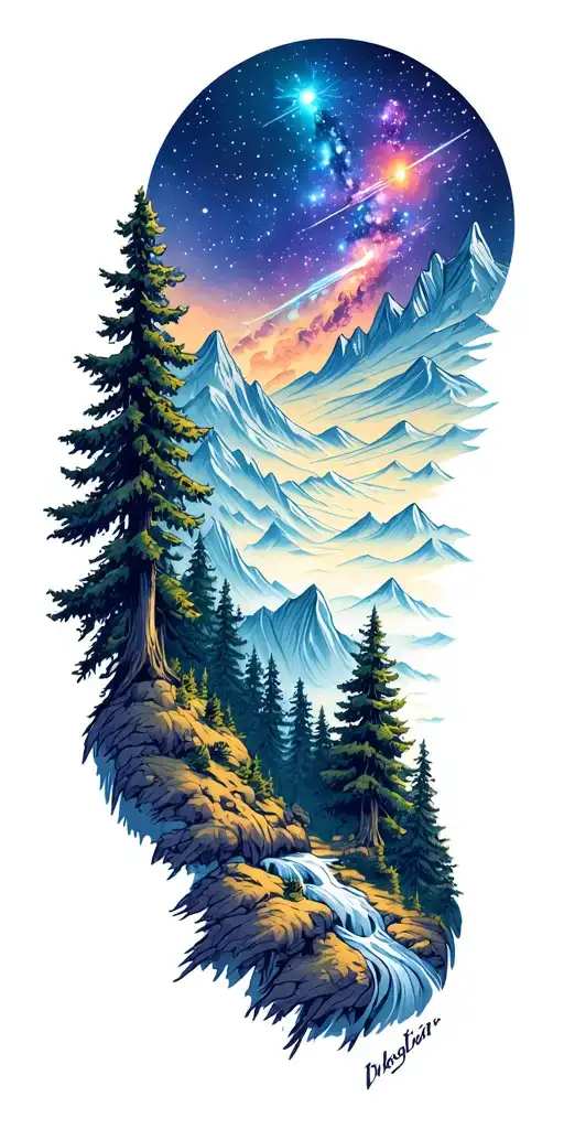 Nature Scene With Forest Into Mountains Then Space And Galaxies