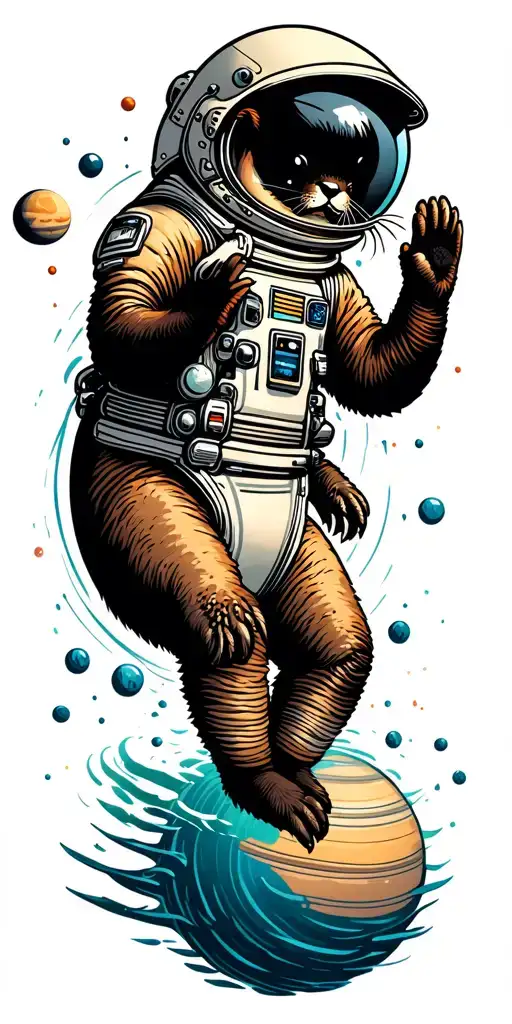 Otter Astronaut Swiming In Deep Sea With Saturn In The Background