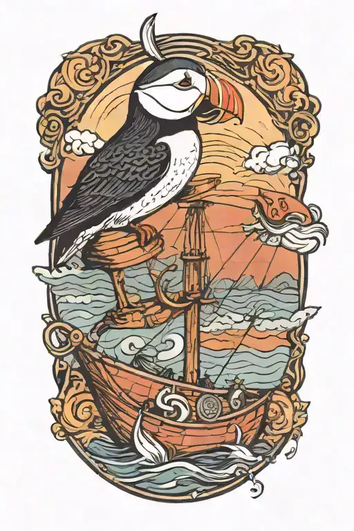 Male Puffin On A Round Background With An Old Scandinavian Sailboat