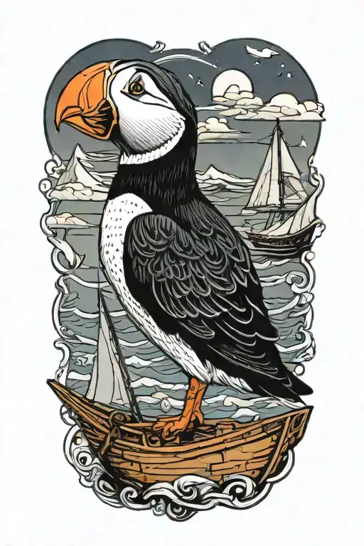 Male Puffin On A With An Old Scandinavian Sailboat
