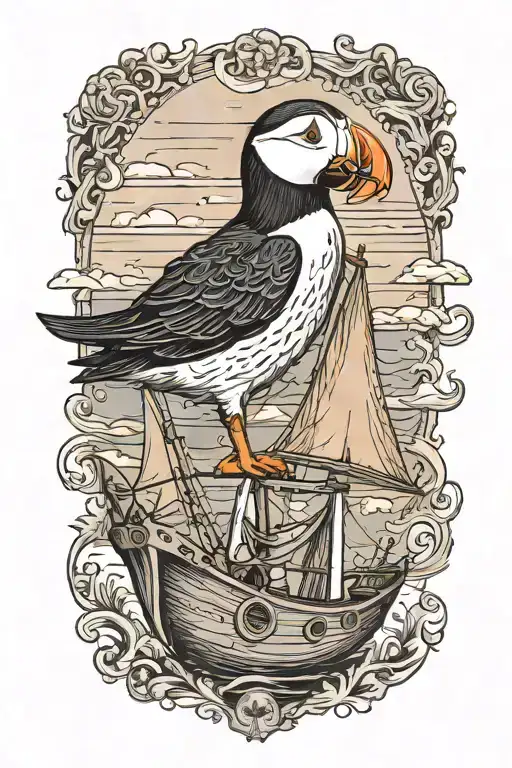 Male Puffin On A With An Old Scandinavian Sailboat