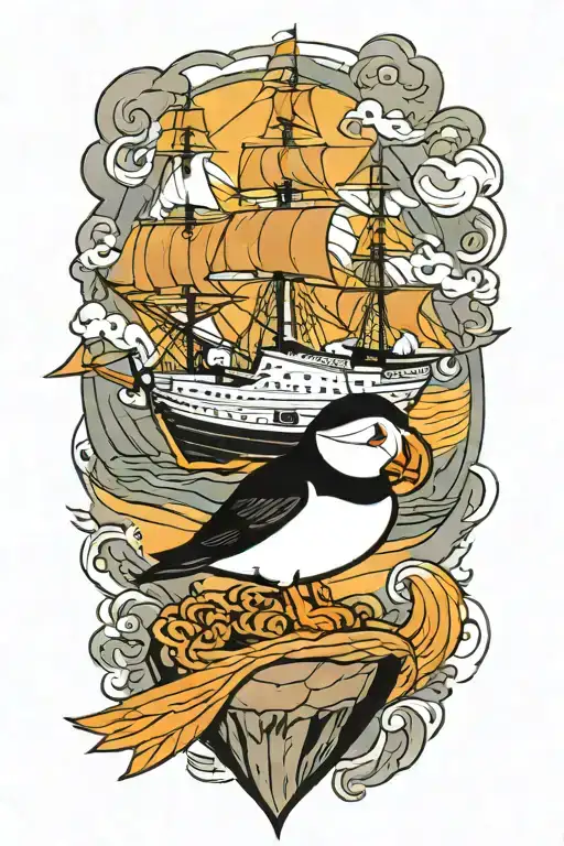 Male Puffin On A With An Old Scandinavian Sailboat