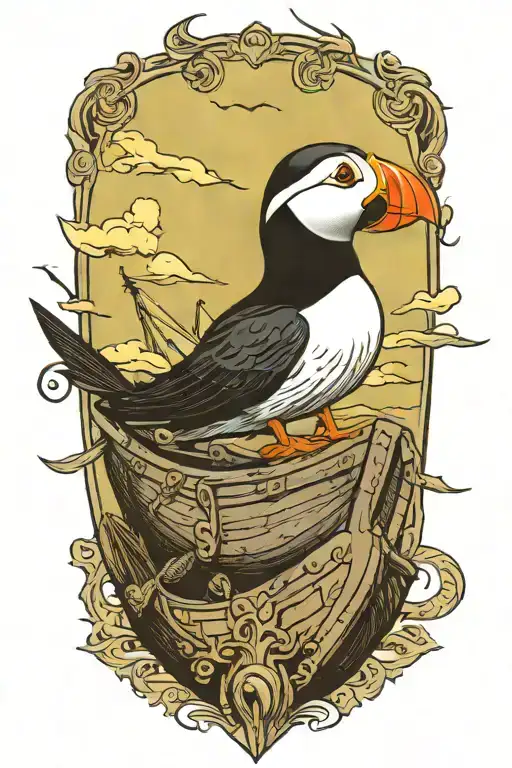 Male Puffin On A With An Old Scandinavian Viking Long Boat