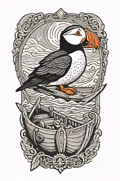 Male Puffin On A With An Old Scandinavian Viking Long Boat