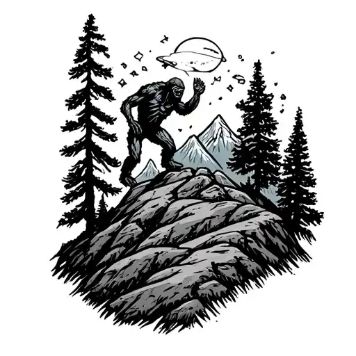 Aliens And Bigfoot Roaming A Mountain In The Night With Wildlife All Around