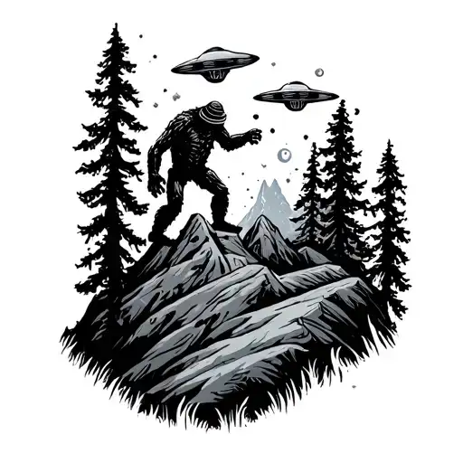 Aliens And Bigfoot Roaming A Mountain In The Night With Wildlife All Around