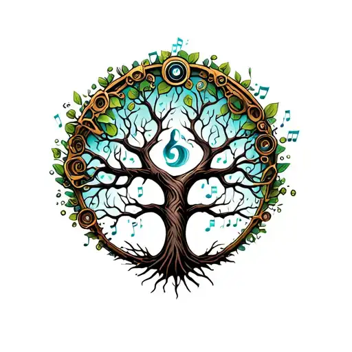 A Steam Punk-inspired Tree Of Life With Musical Notes Flowing Through The Branches