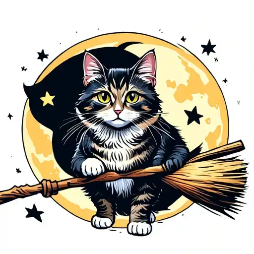 Cat Riding Broom In Front Of Moon