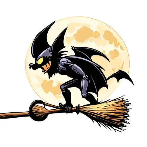 Bat Riding Broom In Front Of Moon