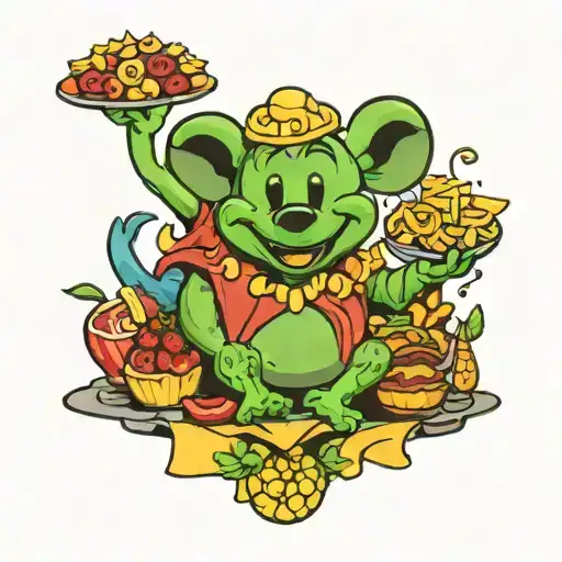 A Colorful Tattoo Featuring Iconic Disney Characters Enjoying Different Foods From Around The World