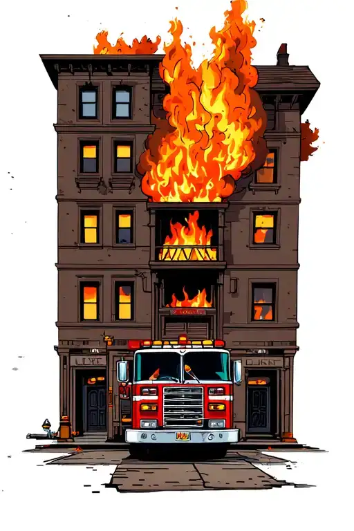 Structure Fire Scene With Buring Building And Fire Engine