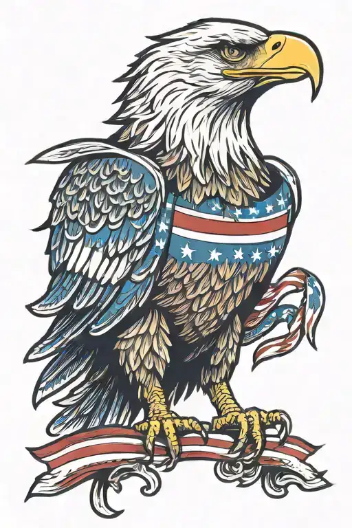 Traditional Style Eagle With Outstretched Wings Clutching The American Flag In Its Beak