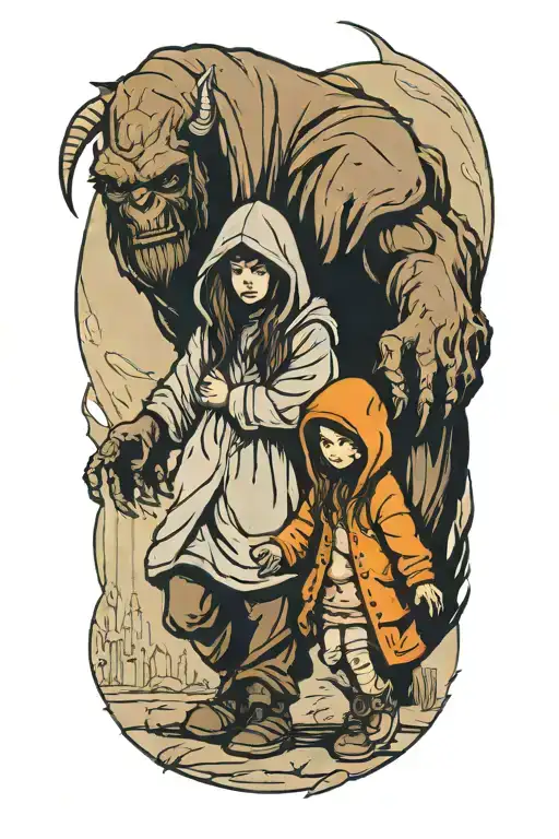 A Girl And A Huge Hooded Beast Walking Side By Side Holding Hands