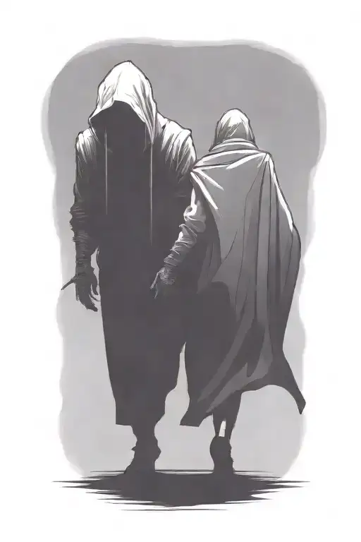 A Woman And A Huge Hooded Demon Reaper Walking Away Together