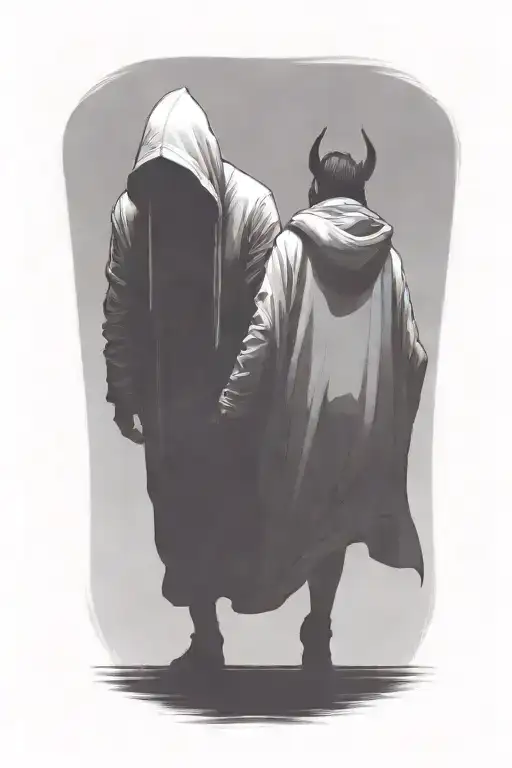 A Woman And A Huge Hooded Beast With Horns Walking Away Together