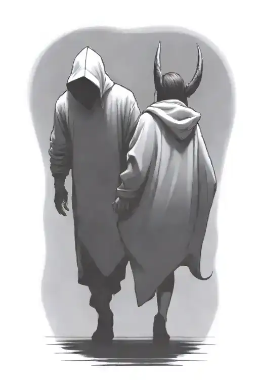 A Huge Hooded Beast With Horns And A Woman Walking Away Together