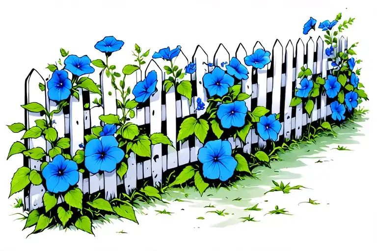 Blue Morning Glory Vining White Picket Fence