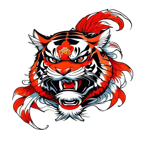 Japanese Temple Koi Fish Samurai Warrior Hanya Mask And Tiger