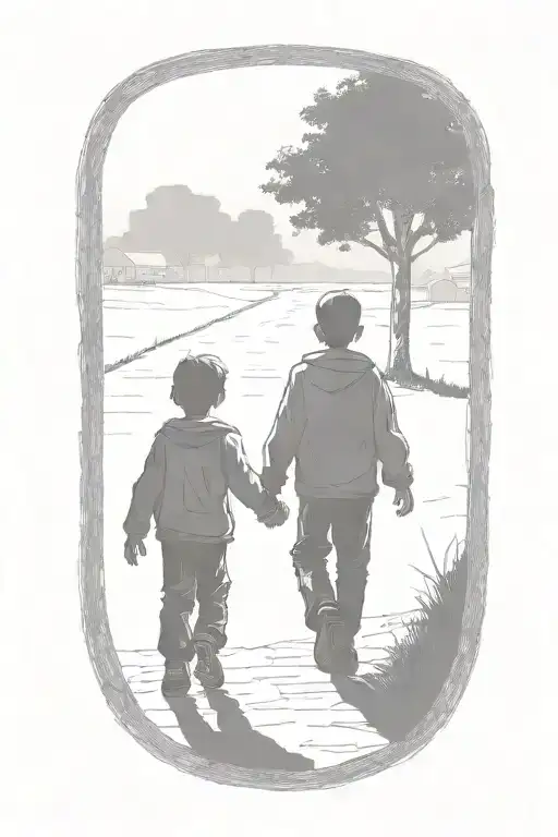 Siloutte Of An Older Brother And Younger Brother Walking Away Hand In Hand