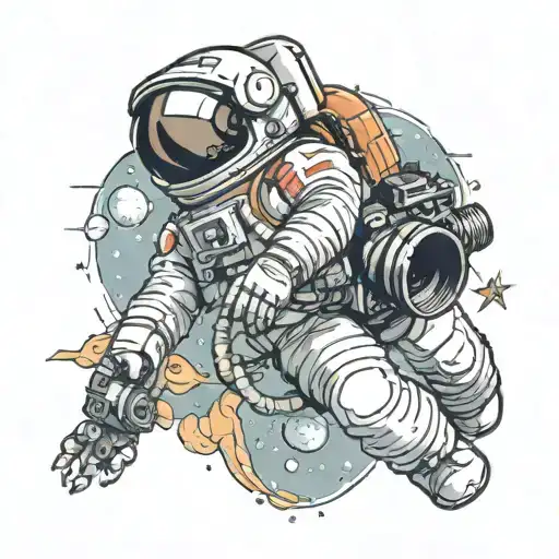 A Sleeping Astronaut Floating In Space Surrounded By Movie Cameras