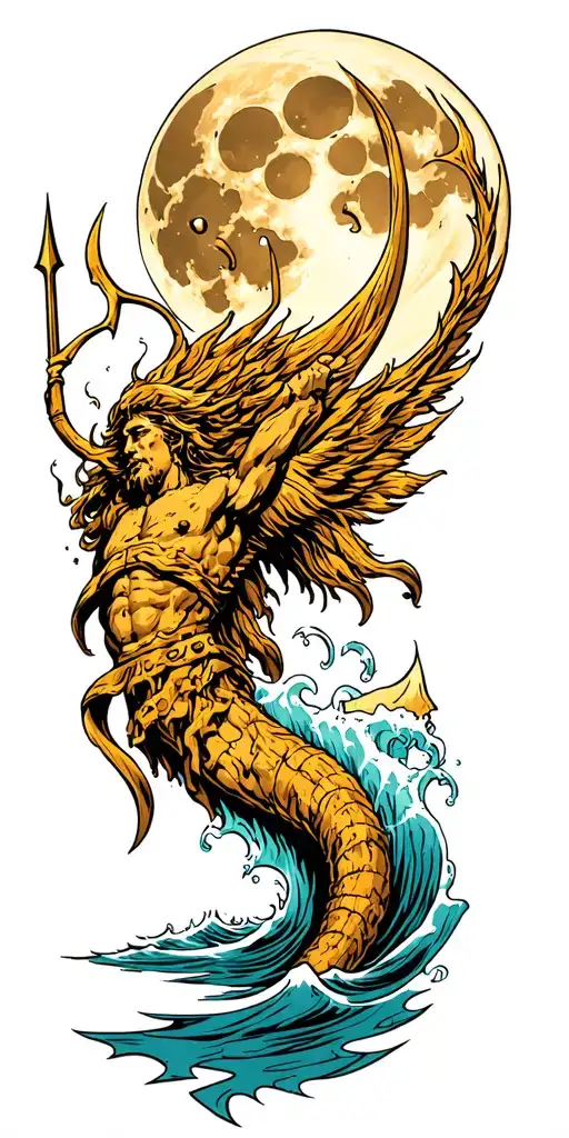 Moon Over Rough Seas And Poseidon Trident Piercing