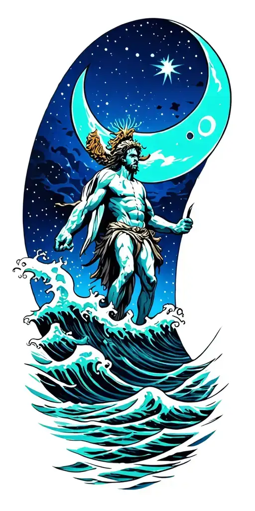 Moon Over Rough Seas And Poseidon At The Bottom Using Deep Blue And Turquoise Coloring