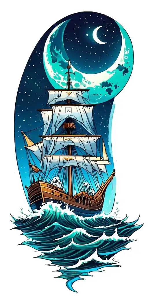 Moon Over Ship Caught In Rough Seas And Poseidon Under Water Using Deep Blue And Turquoise Coloring