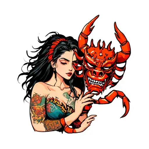 Scorpio Woman Holding Oni Mask Surrounded