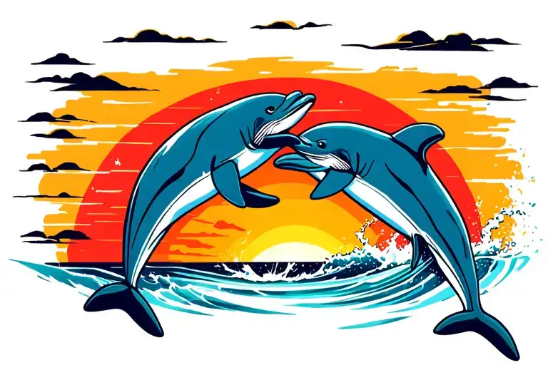 Dolphins Jumping With Sunset