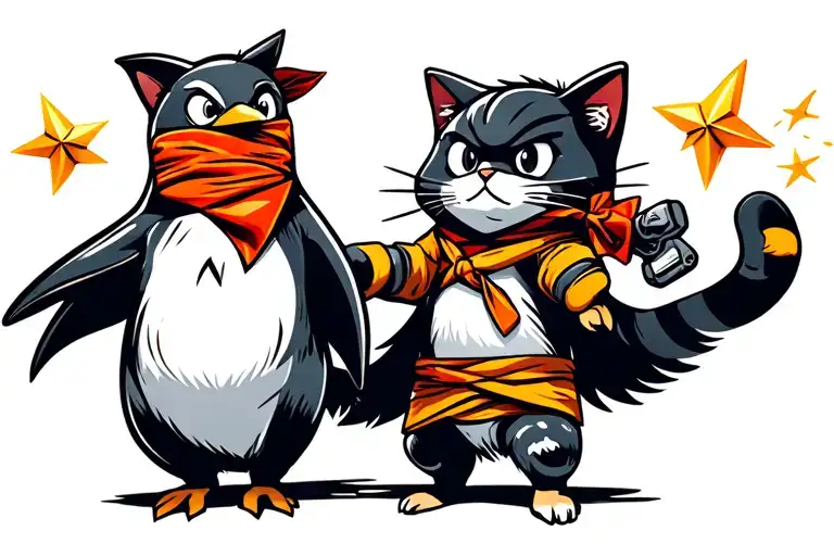 Ninja Penguin Wearing A Bandana And Throwing Ninja Stars At A Ninja Kitty With Numchucks