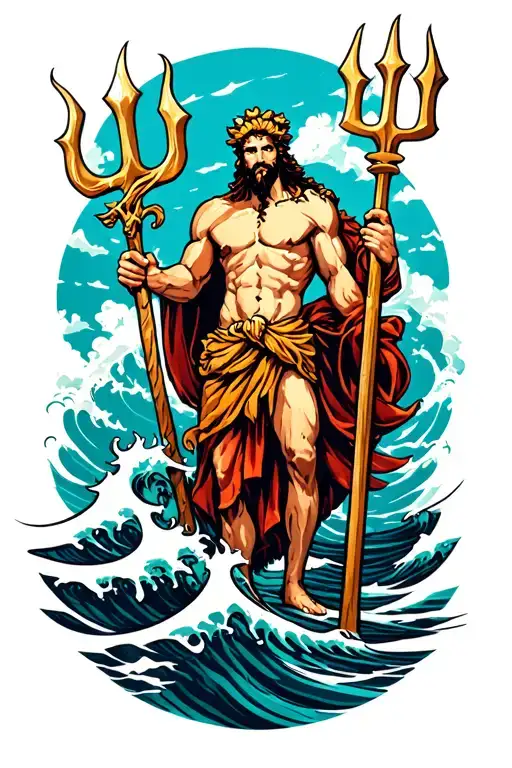 Poseidon Holding Trident Intertwined With Waves