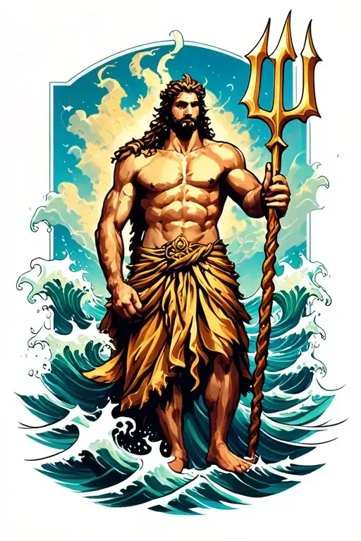 Poseidon Holding Trident Intertwined With Waves Crashing