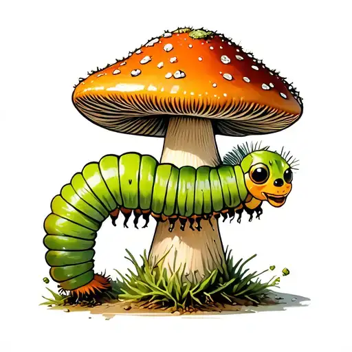 Caterpillar On Mushroom With Moss Groundcover