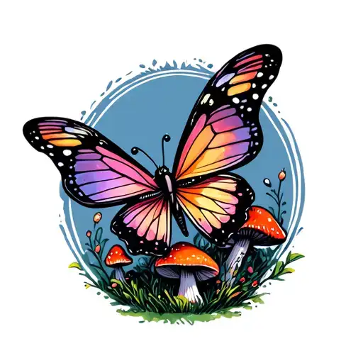 Butterfly On Mushroom In The Style Of Alice In Wonderland