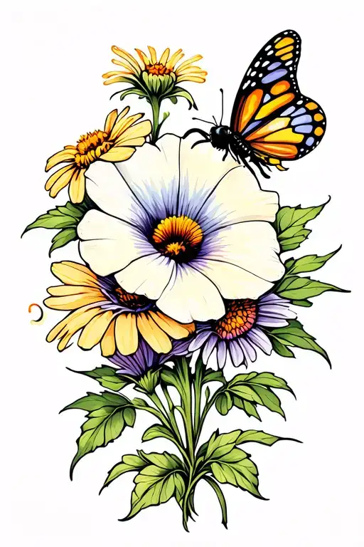 Morning Glory And Aster Flower With A Bee And A Butterfly
