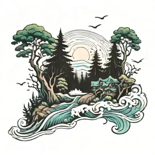 Forest Landscape Mised With Sea And Surf