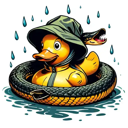 Rubber Duck Wearing A Rain Coat Cutting The Head Off A Snake In The Rain