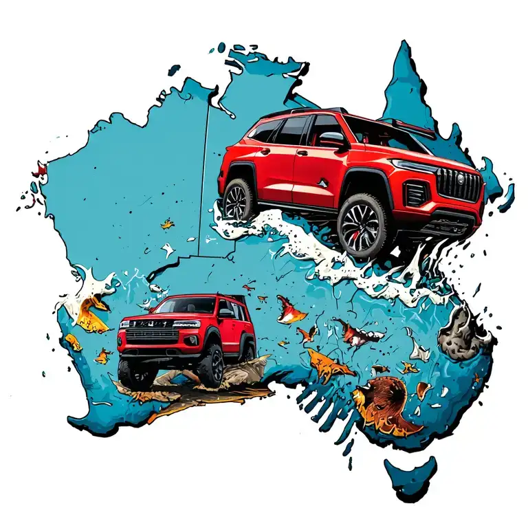 Red Suv Bursting Out Of The Middle Of A Map Of Australia