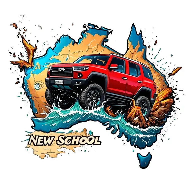 Red Suv Bursting Out Of The Middle Of A Map Of Australia