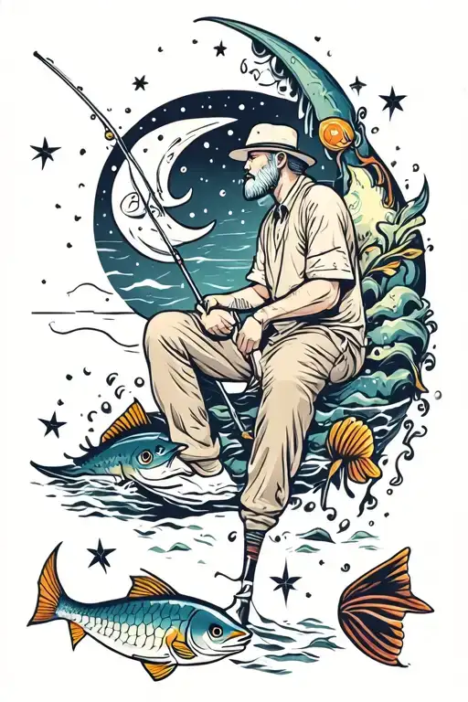 Man Sitting On Crescent Moon With Fishing Pole Surrounded By Fish And Stars