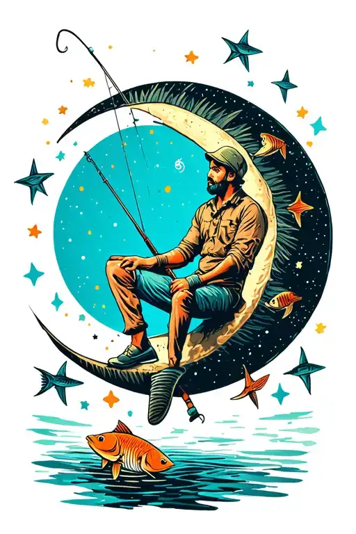 Man Sitting On Crescent Moon With Fishing Pole Surrounded By Fish And Stars