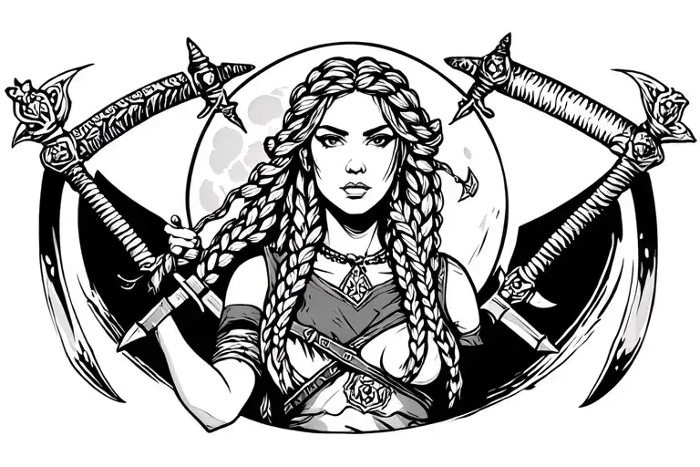 Full Moon And Full Body Nordic War Goddess With Braids And Two Swords
