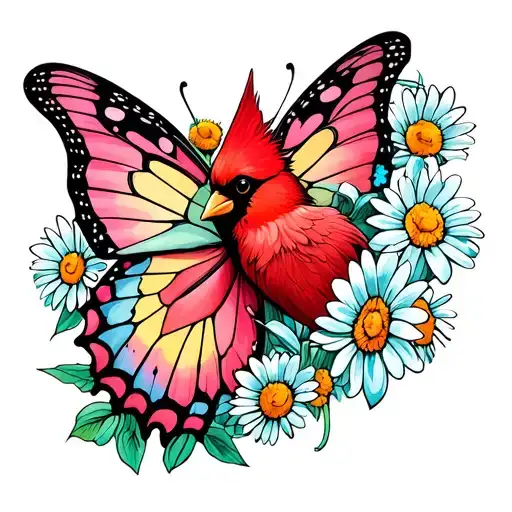 Daisys Butterflies And Cardinal
