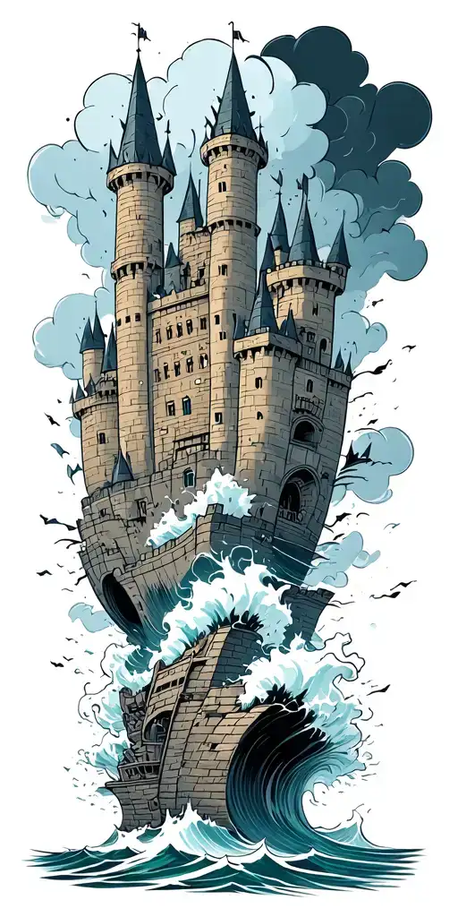 Castle Crumbling Into A Raging Sea With A Storm Above