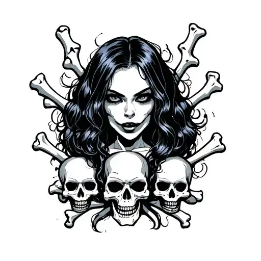 Evil Girl Surrounded By Bones And Skulls