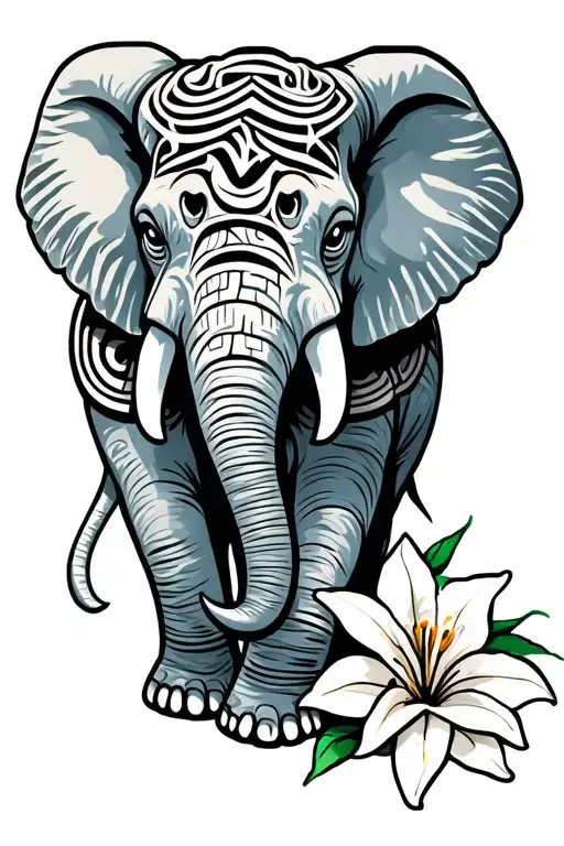 Maori Elephant Around Lillies