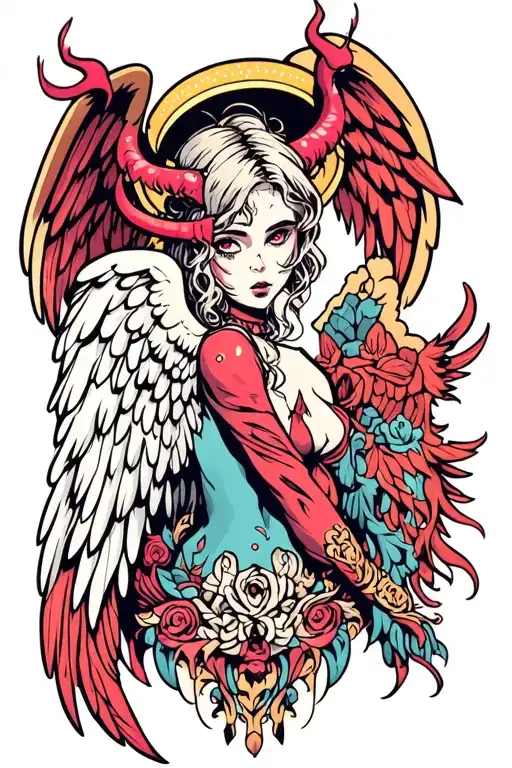Devil Girl With Angel Halo And Angel Wings Made