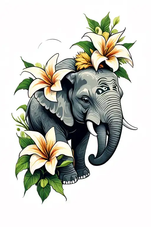 Maori Elephant Around Multiple Lillies Growing